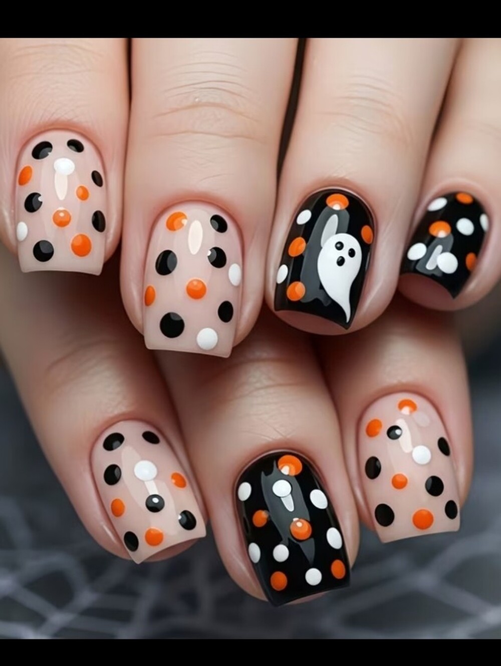 Halloween Ghost & Polka Dot Press-On Nails - Black, Orange, White
